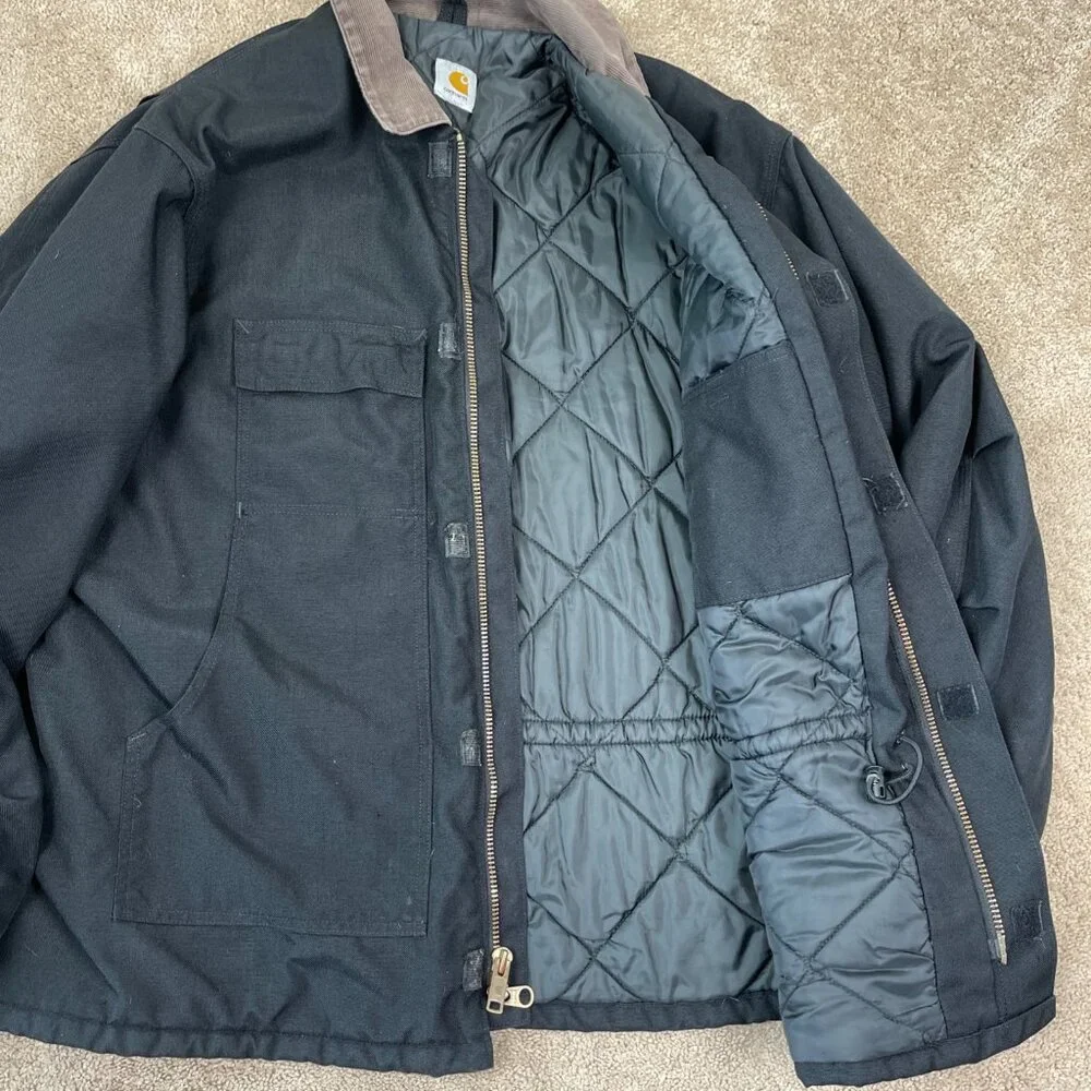 Carhartt Jacket Men XXL Black Duck Lined Corduroy Collar Barn Coat Chore Vintage
